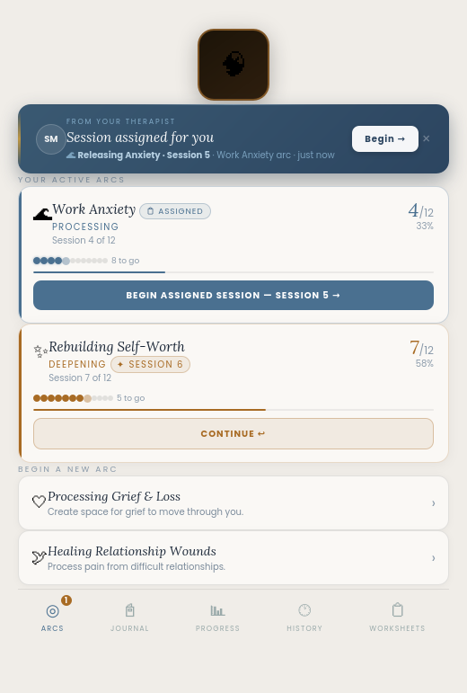 Rewire arc dashboard — your active arcs and assigned sessions